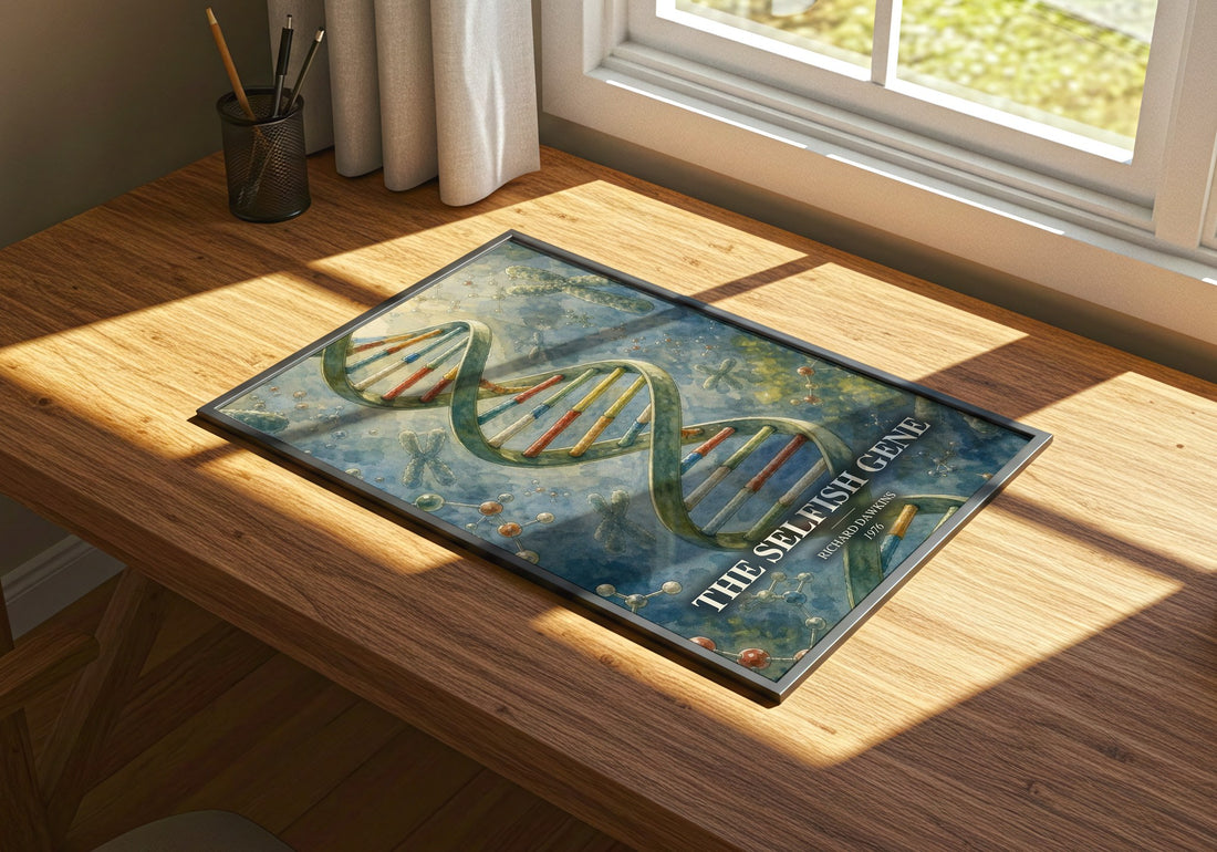 The Selfish Gene watercolour book poster framed on wall – non fiction wall art