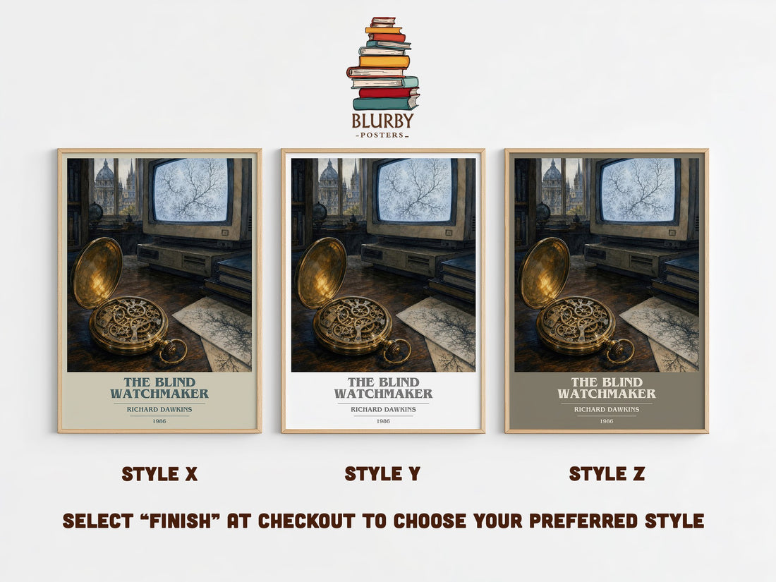 The Blind Watchmaker book cover print in frame leaning in hallway – non fiction wall art (mockup)