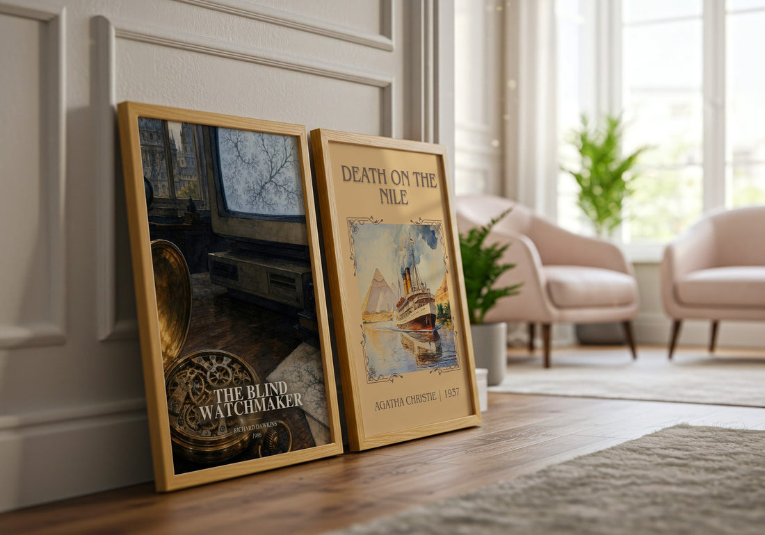 The Blind Watchmaker watercolour print framed by window – literary home decor