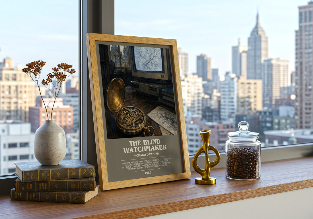 The Blind Watchmaker bookish print framed by window – literary home decor