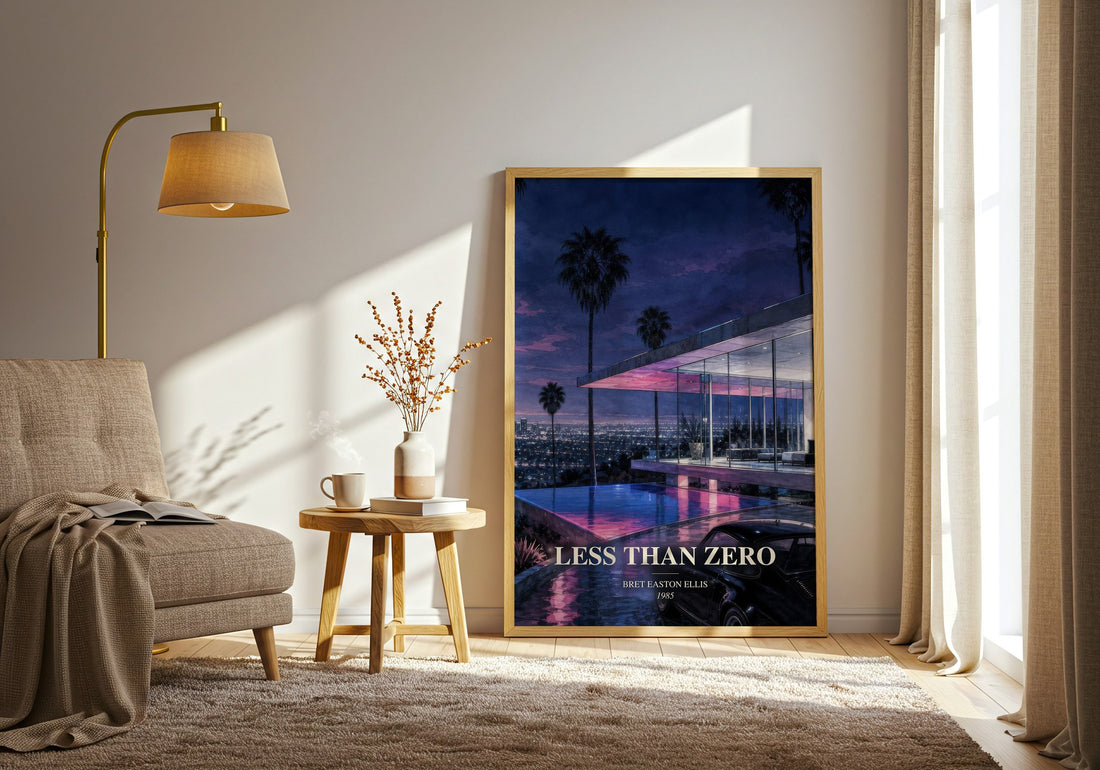 Less than Zero watercolour print in frame leaning in hallway – literary fiction wall art