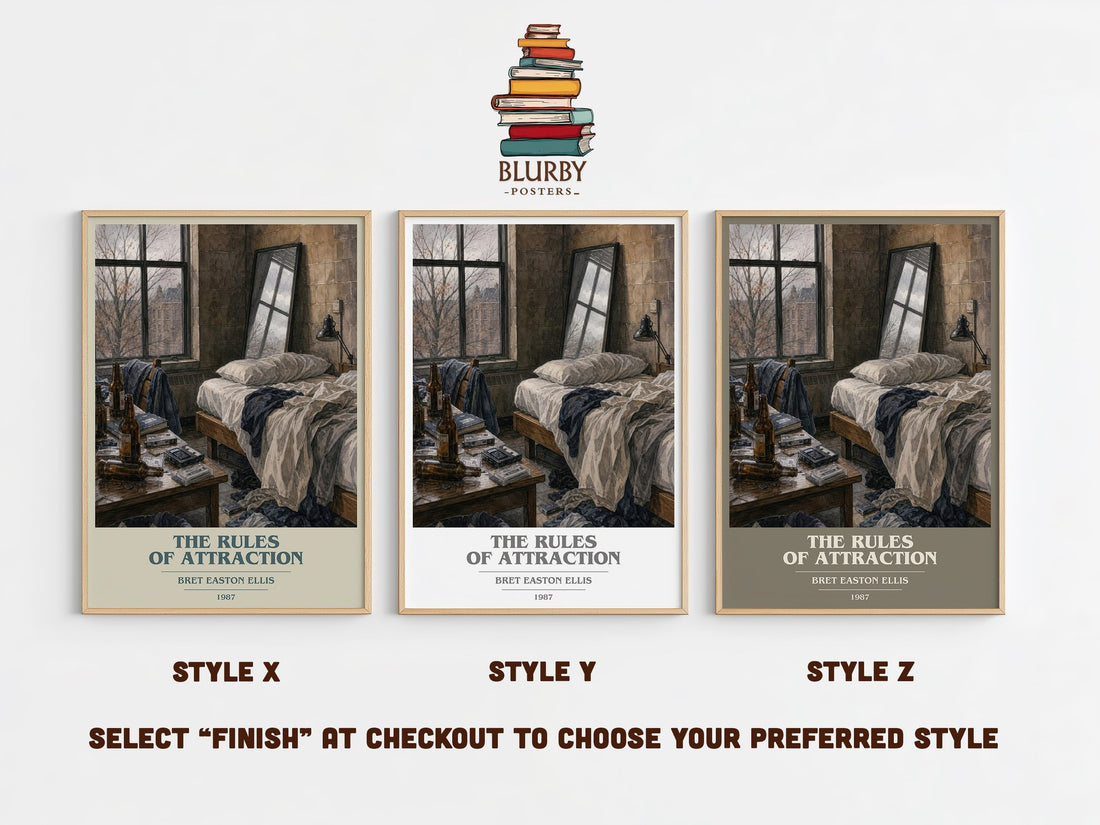 The rules of attraction book cover print in frame leaning in hallway – contemporary fiction wall art (mockup)