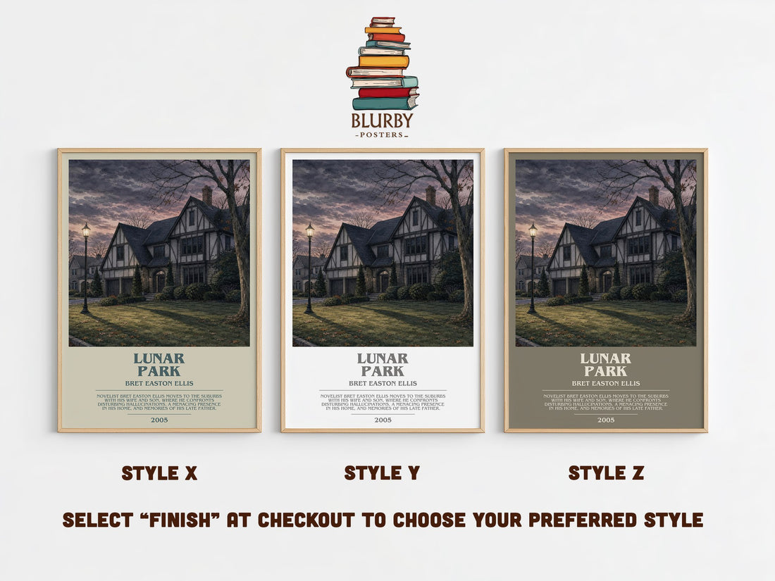 Lunar Park bookish print in frame leaning in hallway – horror wall art (mockup)