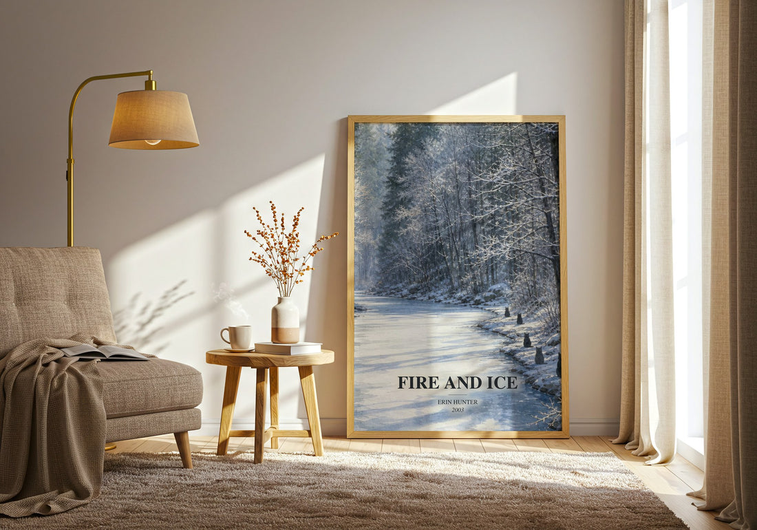 Fire and Ice watercolour print in frame leaning in hallway – childrens wall art
