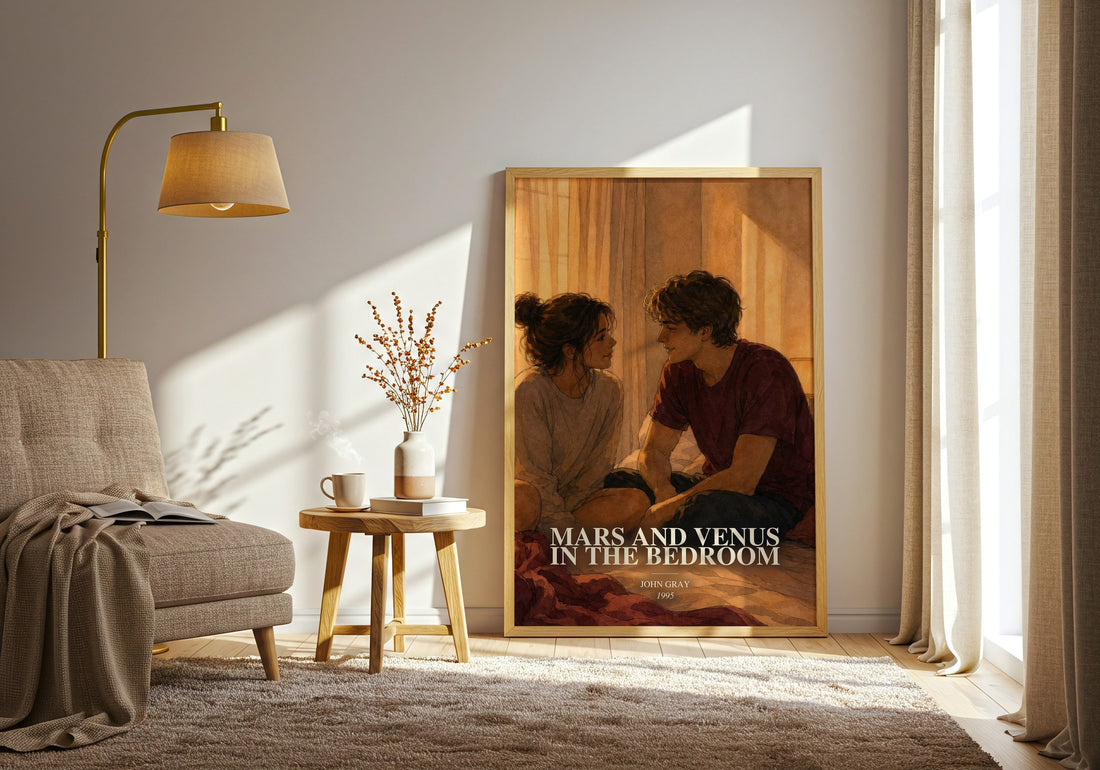 Mars and Venus in the bedroom watercolour print in frame leaning in hallway – non fiction wall art