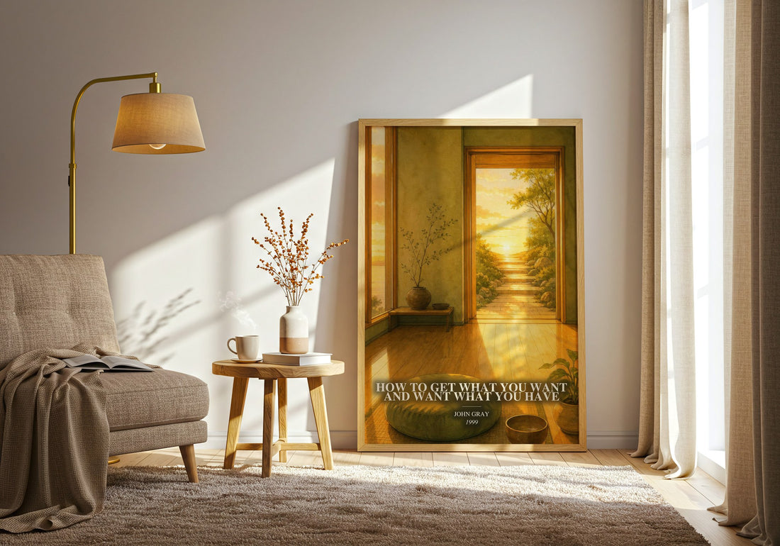 How to Get What You Want and Want What You Have watercolour print in frame leaning in hallway – non fiction wall art