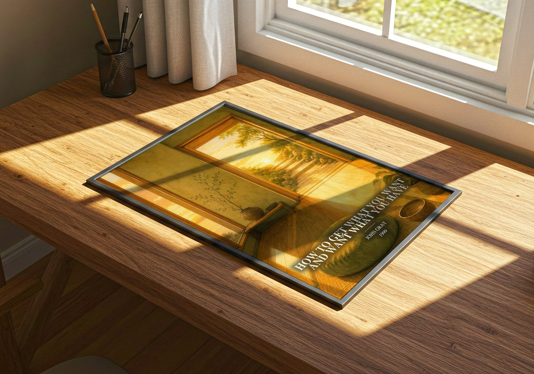 How to Get What You Want and Want What You Have watercolour book poster framed on wall – non fiction wall art