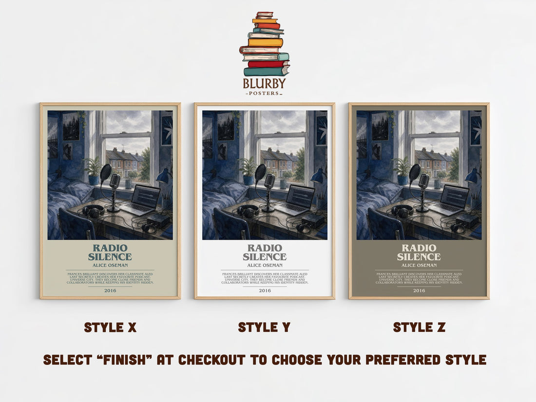 Radio Silence bookish print in frame leaning in hallway – young adult wall art (mockup)