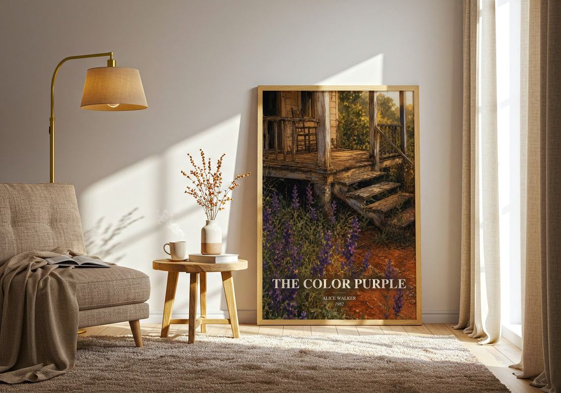 The Color Purple watercolour print in frame leaning in hallway – literary fiction wall art