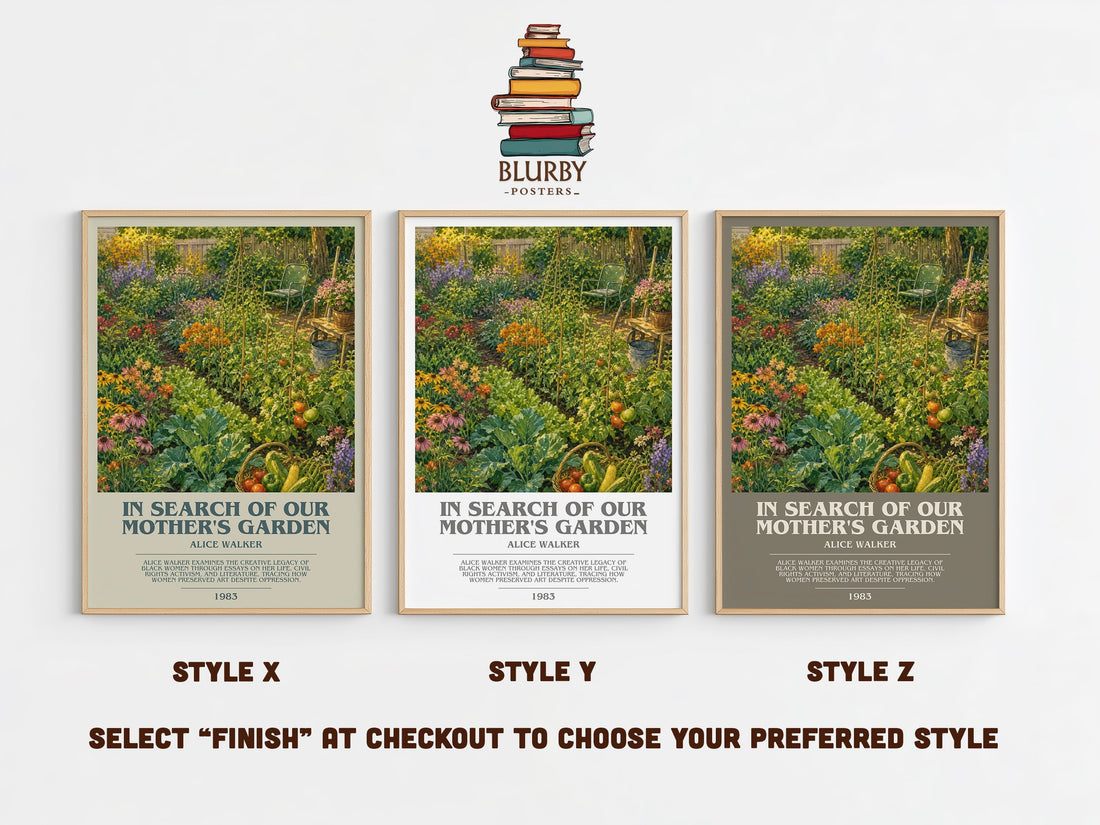 In Search of Our Mother's Garden bookish print in frame leaning in hallway – non fiction wall art (mockup)