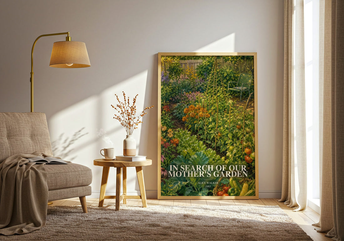 In Search of Our Mother's Garden watercolour print in frame leaning in hallway – non fiction wall art