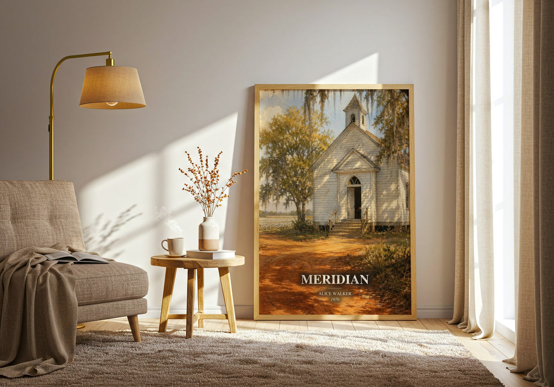 Meridian watercolour print in frame leaning in hallway – literary fiction wall art