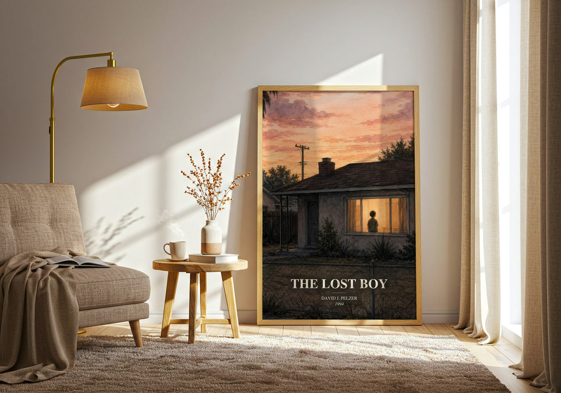 The lost boy watercolour print in frame leaning in hallway – memoir wall art