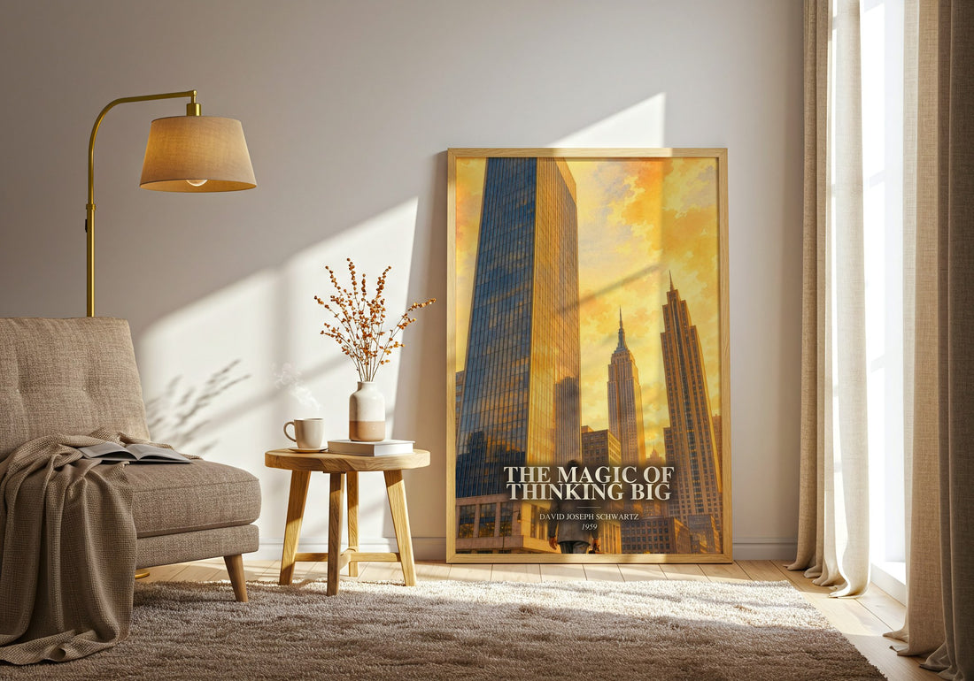 The Magic of Thinking Big watercolour print in frame leaning in hallway – non fiction wall art