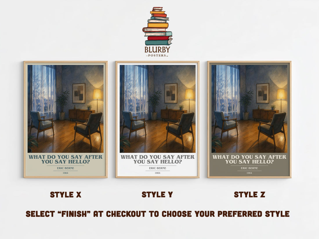 What do you say after you say hello? book cover print in frame leaning in hallway – non fiction wall art (mockup)