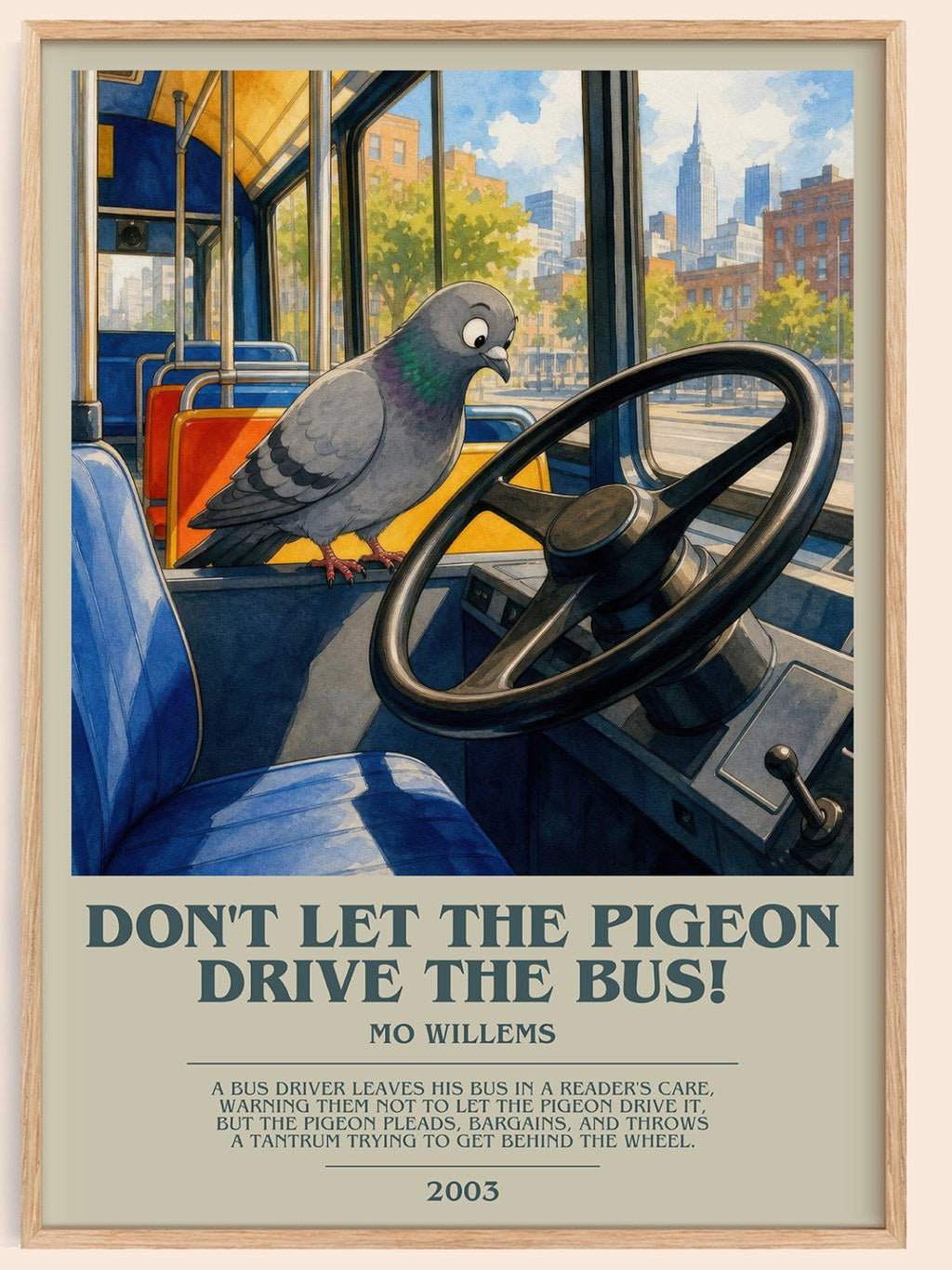 Don't Let the Pigeon Drive the Bus! bookish book poster by Mo Willems – framed literary art print