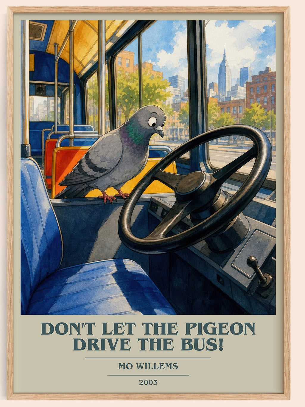 Don't Let the Pigeon Drive the Bus! book cover book poster by Mo Willems – framed literary art print