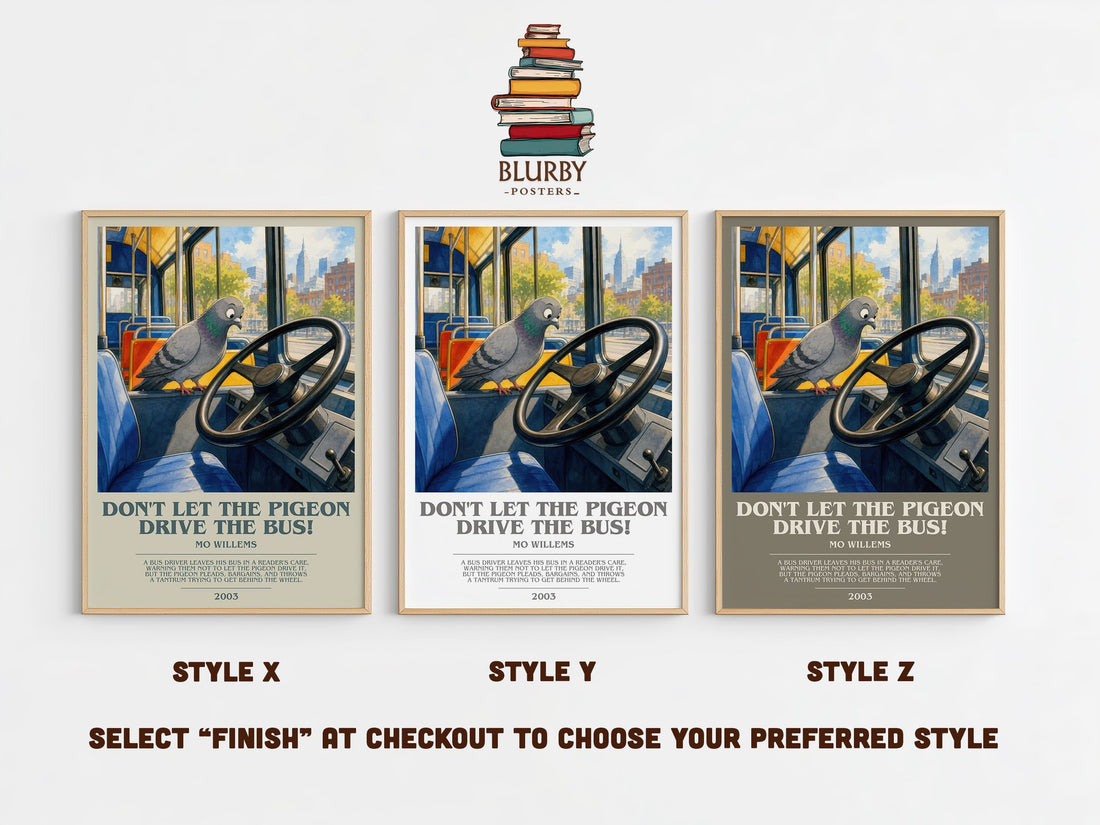 Don't Let the Pigeon Drive the Bus! bookish print in frame leaning in hallway – childrens wall art (mockup)