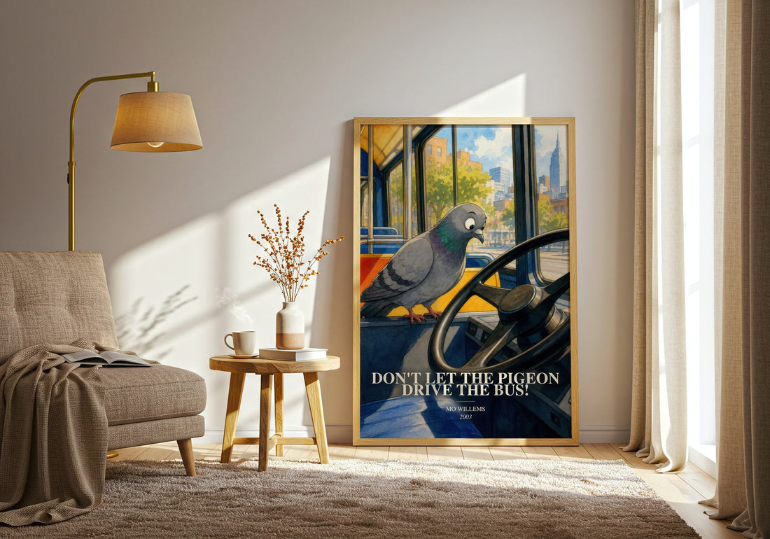 Don't Let the Pigeon Drive the Bus! watercolour print in frame leaning in hallway – childrens wall art