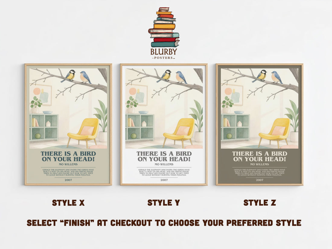 There is a bird on your head! bookish print in frame leaning in hallway – childrens wall art (mockup)