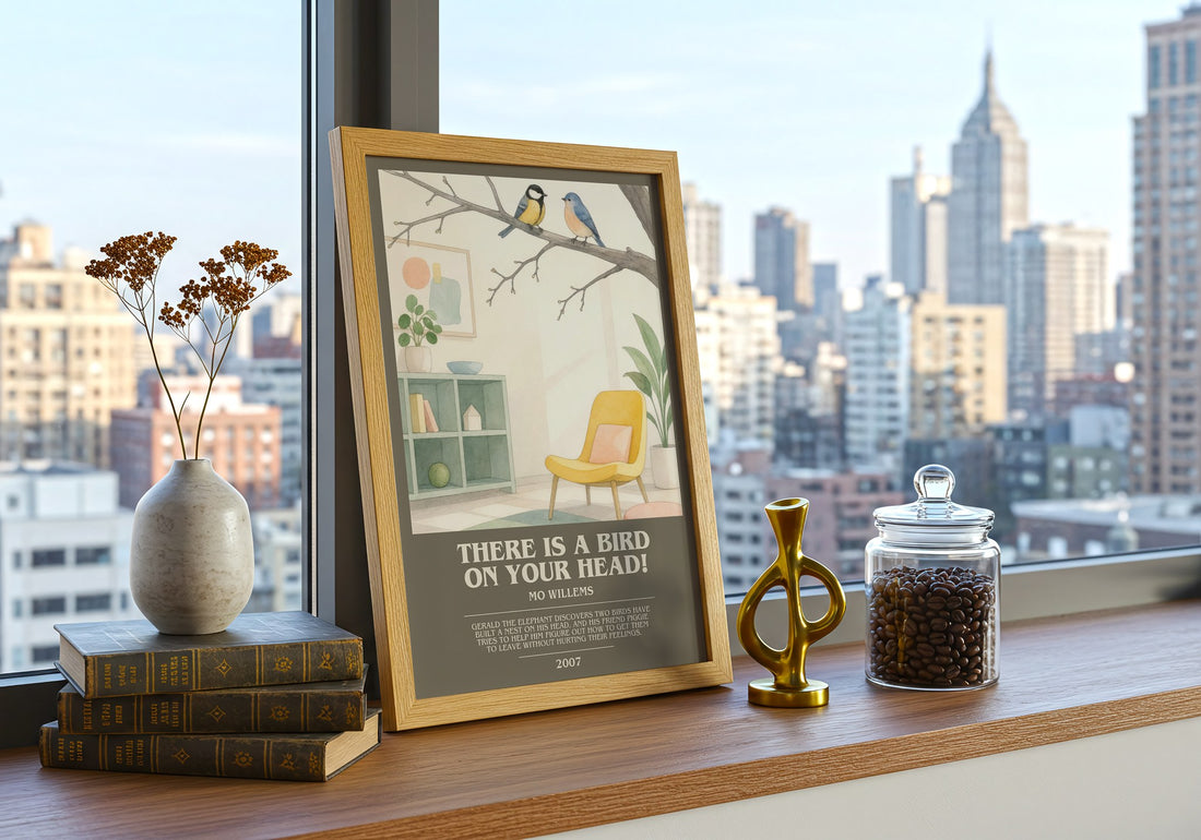 There is a bird on your head! bookish print framed by window – literary home decor