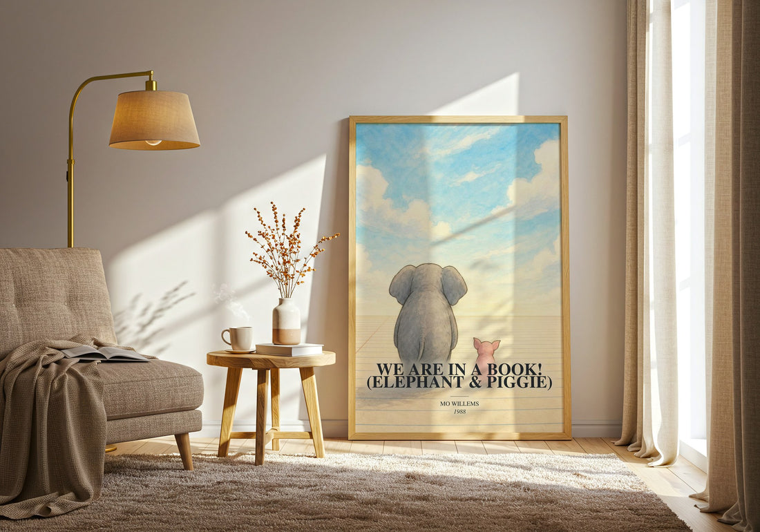We Are in a Book! (Elephant & Piggie) watercolour print in frame leaning in hallway – childrens wall art