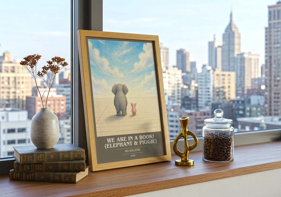 We Are in a Book! (Elephant & Piggie) book cover print framed by window – literary home decor