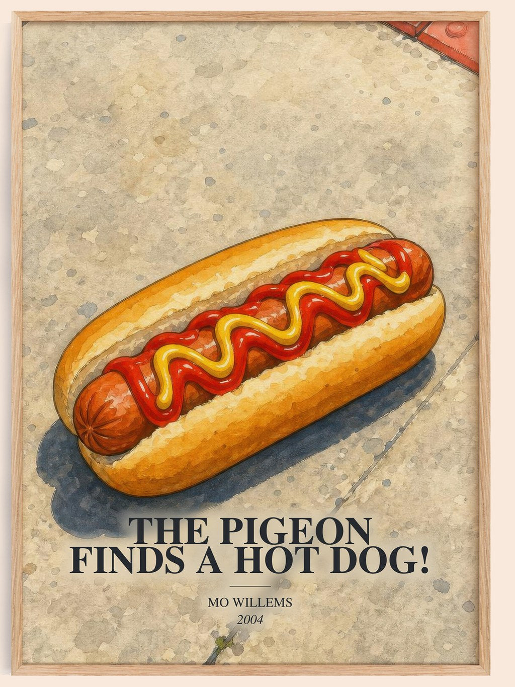 The Pigeon finds a hot dog! watercolour book poster by Mo Willems – framed literary art print
