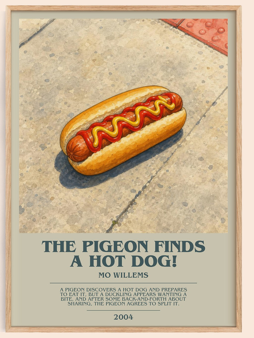 The Pigeon finds a hot dog! bookish book poster by Mo Willems – framed literary art print