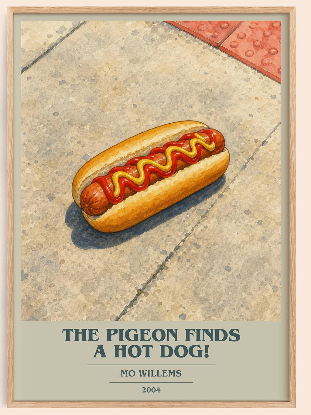 The Pigeon finds a hot dog! book cover book poster by Mo Willems – framed literary art print