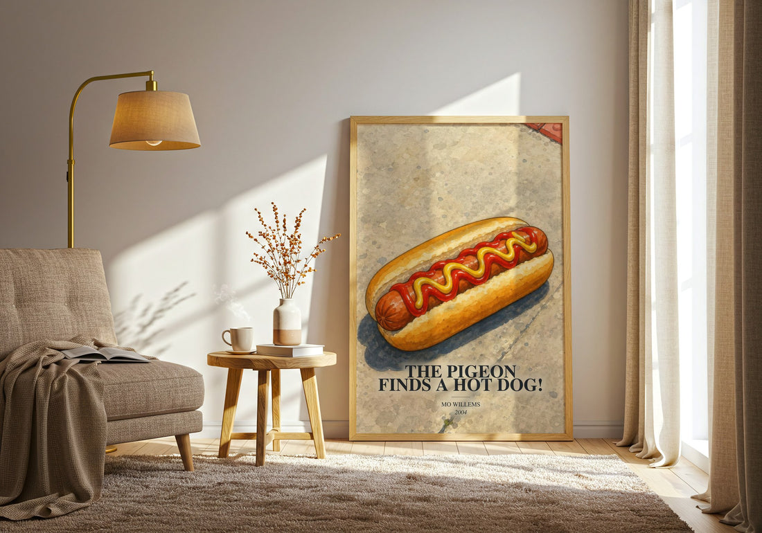 The Pigeon finds a hot dog! watercolour print in frame leaning in hallway – childrens wall art