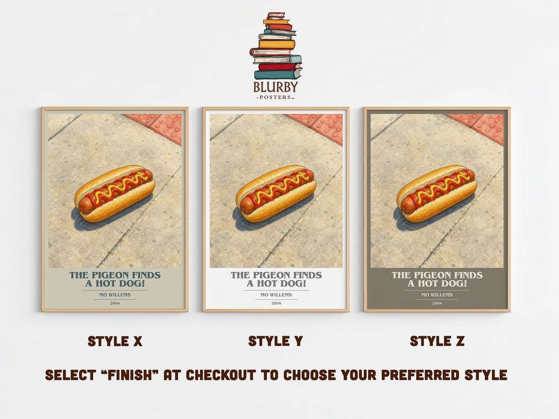 The Pigeon finds a hot dog! book cover print in frame leaning in hallway – childrens wall art (mockup)