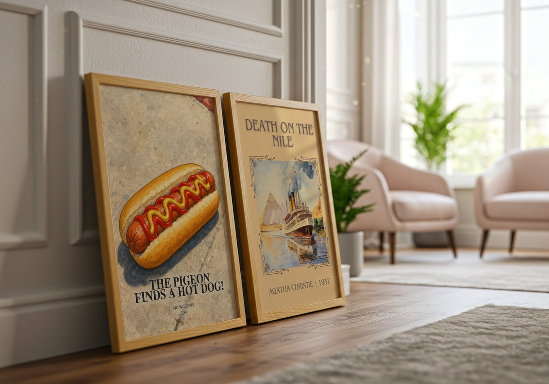 The Pigeon finds a hot dog! watercolour print framed by window – literary home decor