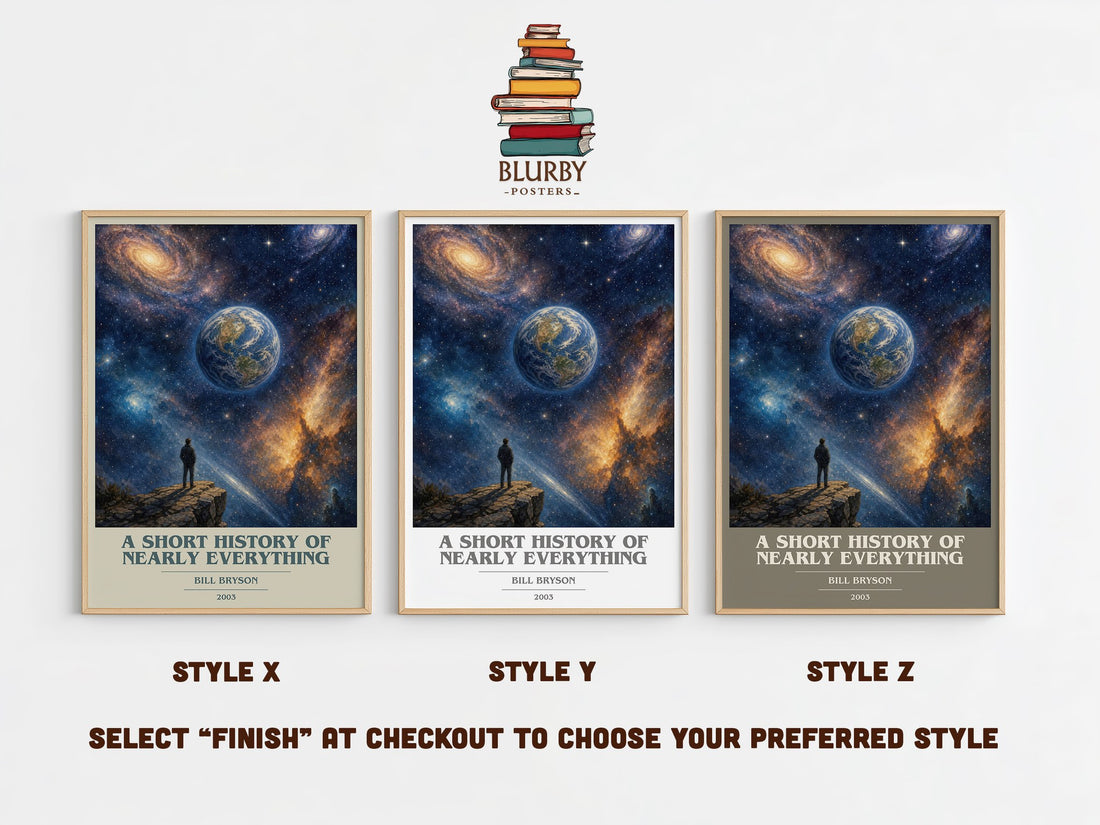 A short history of nearly everything book cover print in frame leaning in hallway – non fiction wall art (mockup)