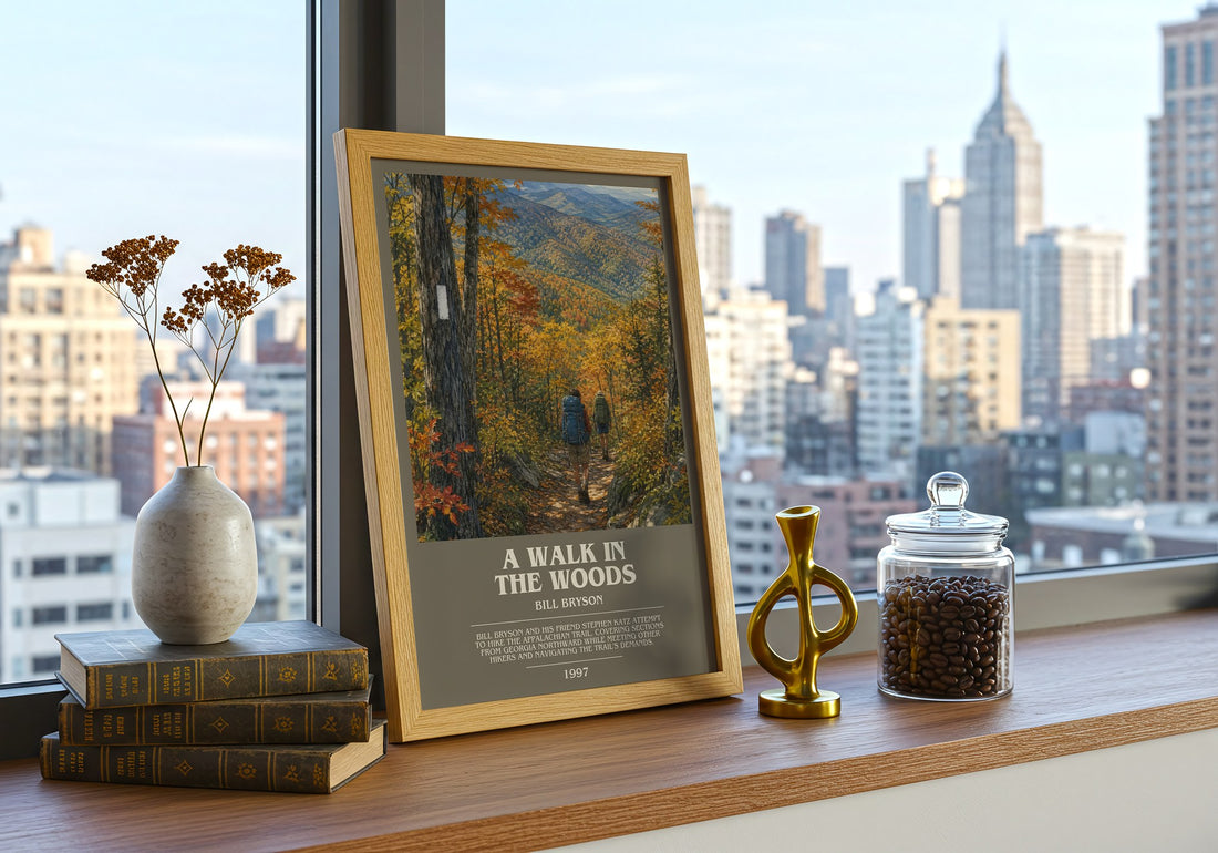 A Walk in the Woods bookish print framed by window – literary home decor