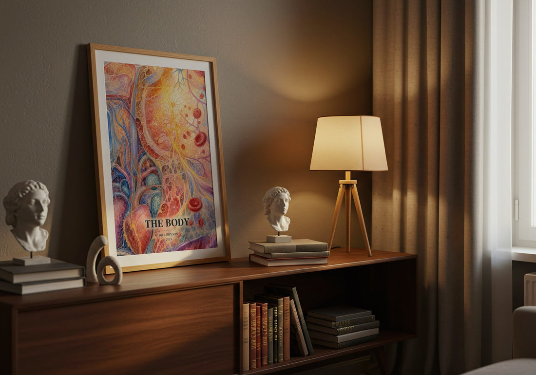 The Body watercolour print on bookshelf – Bill Bryson fan gift
