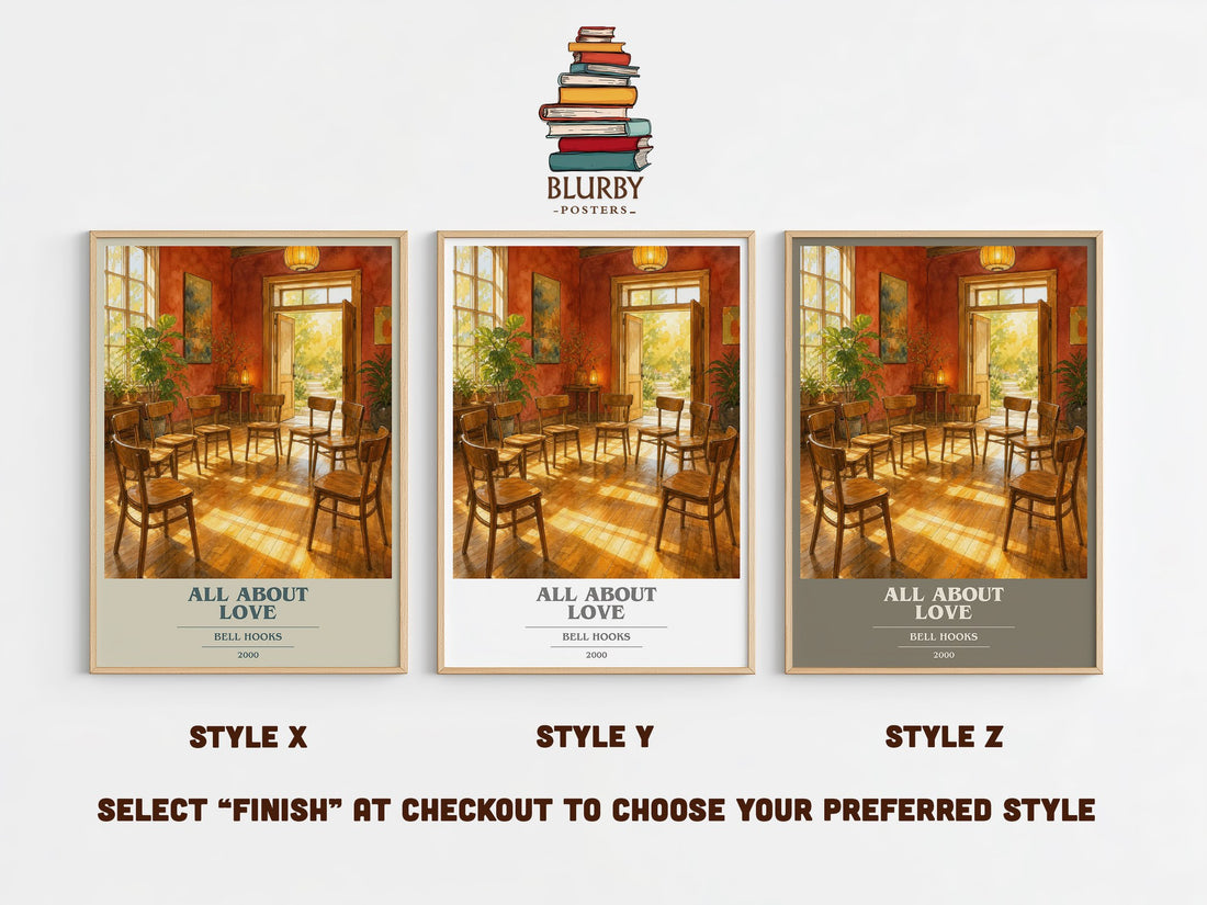All About Love book cover print in frame leaning in hallway – non fiction wall art (mockup)