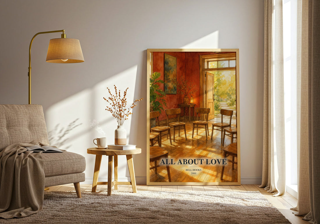 All About Love watercolour print in frame leaning in hallway – non fiction wall art