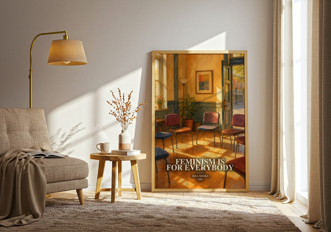 Feminism Is for Everybody watercolour print in frame leaning in hallway – non fiction wall art