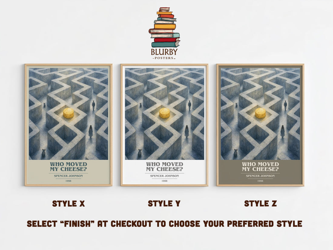 Who Moved My Cheese? book cover print in frame leaning in hallway – non fiction wall art (mockup)