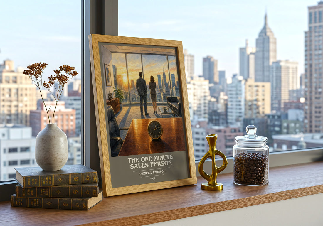 The one minute sales person book cover print framed by window – literary home decor