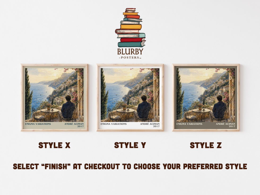 Enigma variations literary print in frame leaning in hallway – literary fiction wall art (mockup)