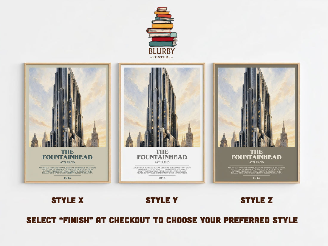 The Fountainhead bookish print in frame leaning in hallway – philosophy wall art (mockup)