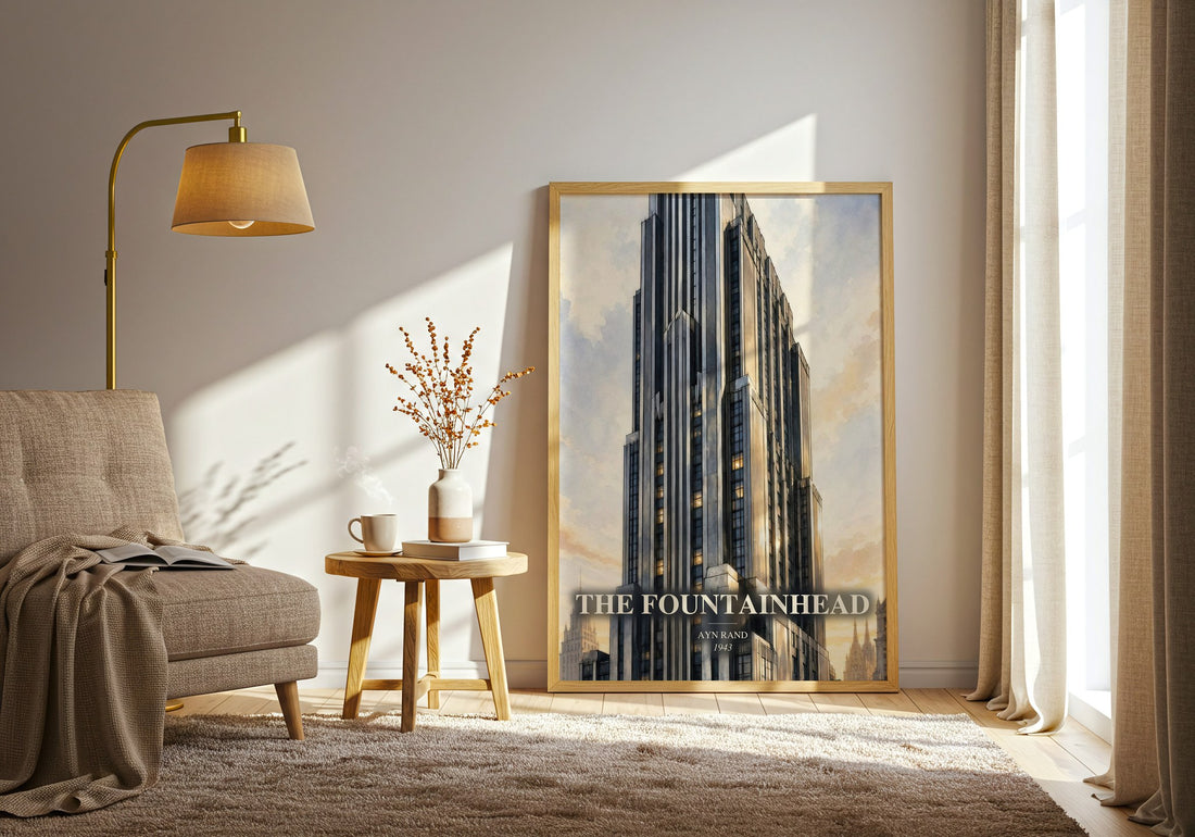 The Fountainhead watercolour print in frame leaning in hallway – philosophy wall art