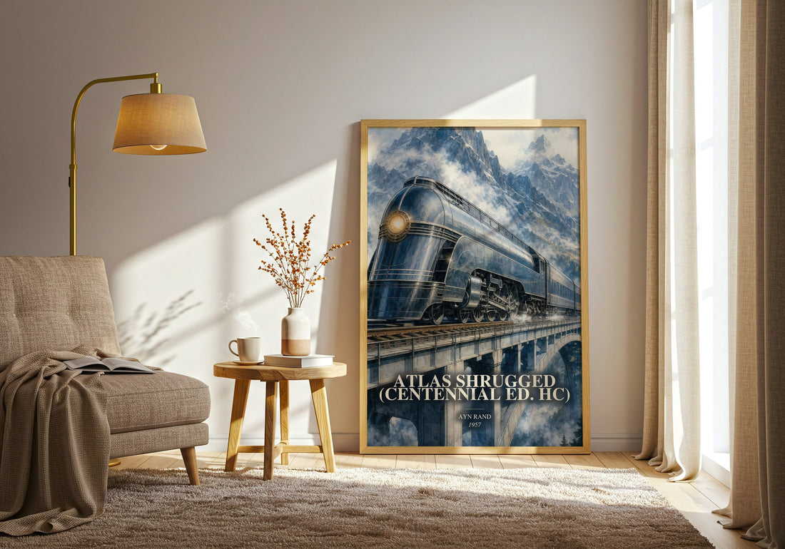 Atlas Shrugged (Centennial Ed. HC) watercolour print in frame leaning in hallway – philosophy wall art