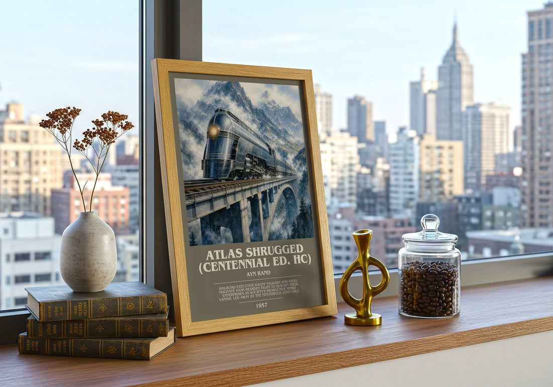 Atlas Shrugged (Centennial Ed. HC) bookish print framed by window – literary home decor