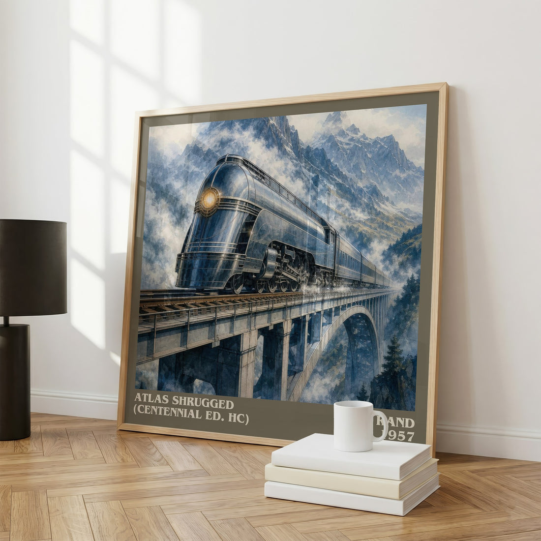 Atlas Shrugged (Centennial Ed. HC) literary print framed by window – literary home decor