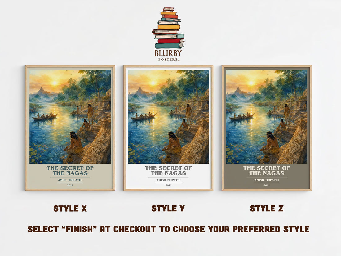 The Secret of the Nagas book cover print in frame leaning in hallway – fantasy wall art (mockup)
