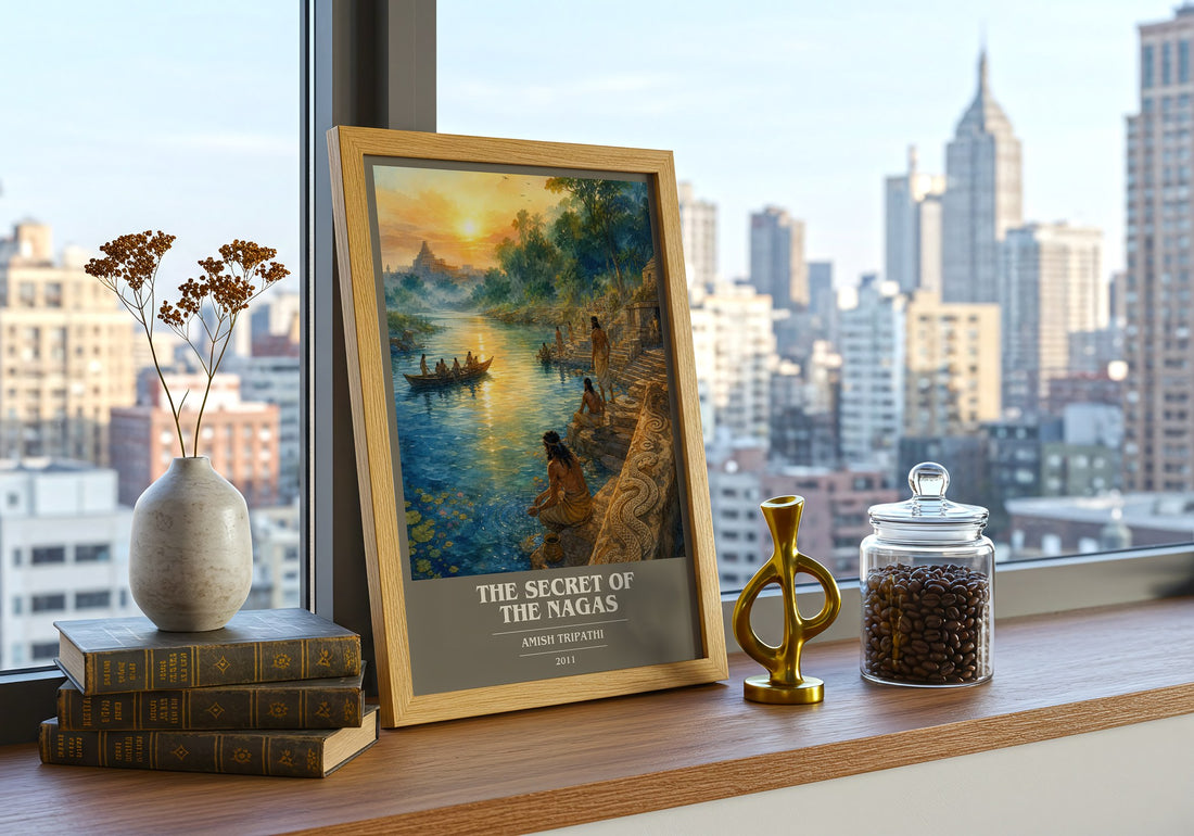 The Secret of the Nagas book cover print framed by window – literary home decor