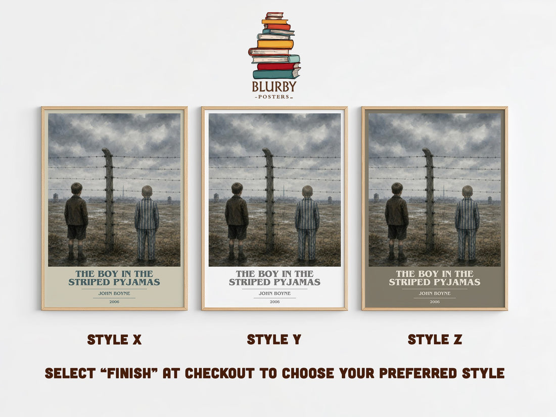 The Boy in the Striped Pyjamas book cover print in frame leaning in hallway – historical fiction wall art (mockup)